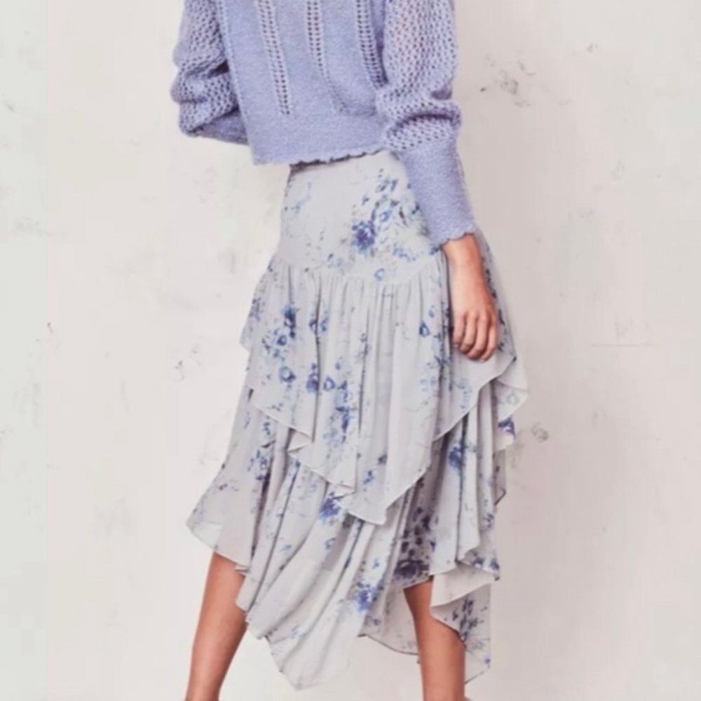 LoveShackFancy Blue Floral Rowan Silk Asymmetrical Skirt Size P - Picture 2 of 13